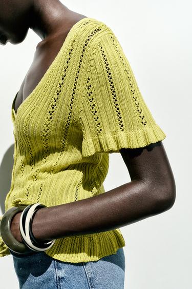 GILET EN MAILLE POINTELLE À VOLANTS - Vert de Zara - Image 1