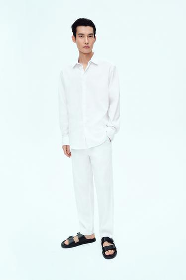 Zara 棉質-亞麻長褲 - 白色