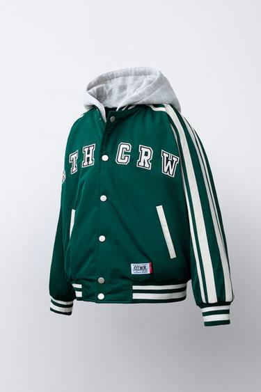 QUILTED VARSITY BOMBER JACKET WITH DETACHABLE HOOD - Green by Zara