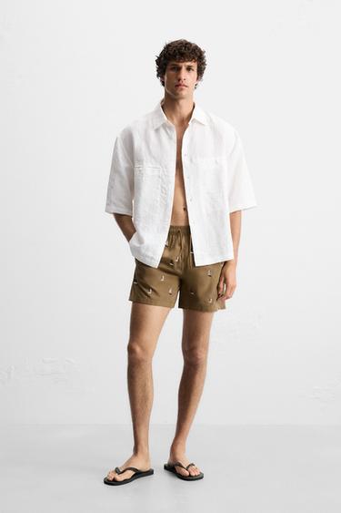 EMBROIDERED MID-LENGTH SWIMMING TRUNKS - Brown by Zara - Image 0