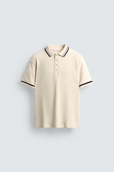 Zara REBRASTA POLO MAJICA SA KONTRASTOM – Ekru