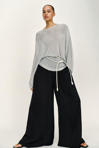 Zara FLOWY WIDE LEG PANTS - Black
