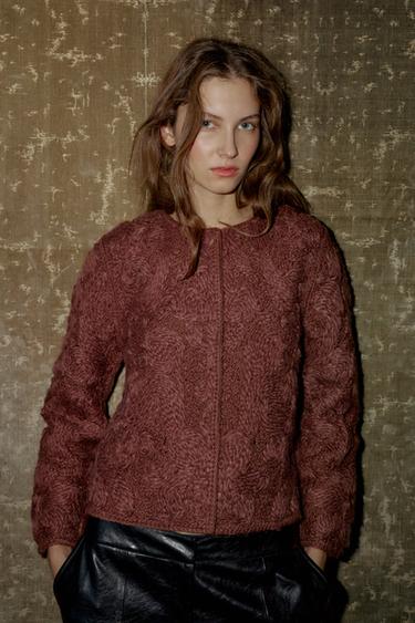 Zara MACRAMÉ KNIT WOOL JACKET - Eggplant