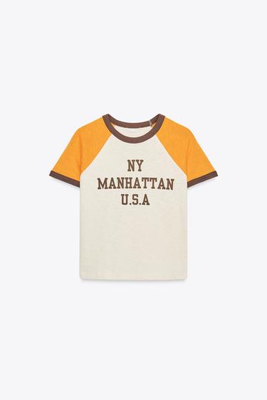 SLOGAN T-SHIRT WITH RIBBED TRIM - white-orange by Zara