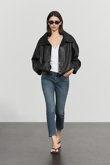 Veste bomber en cuir nappa à boutons - Noir de Zara