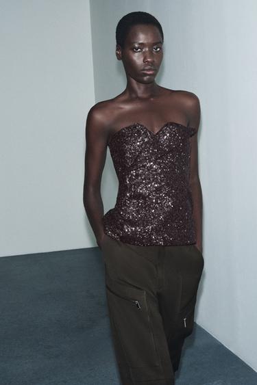 Zara SEQUIN BUSTIER TOP ZW COLLECTION LIMITED EDITION - Brown