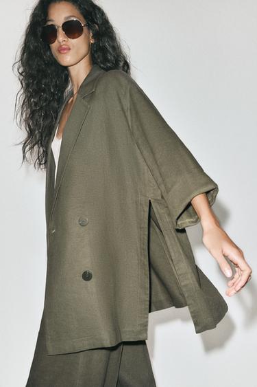 DOUBLE-BREASTED LINEN BLEND BLAZER - Dark khaki by Zara