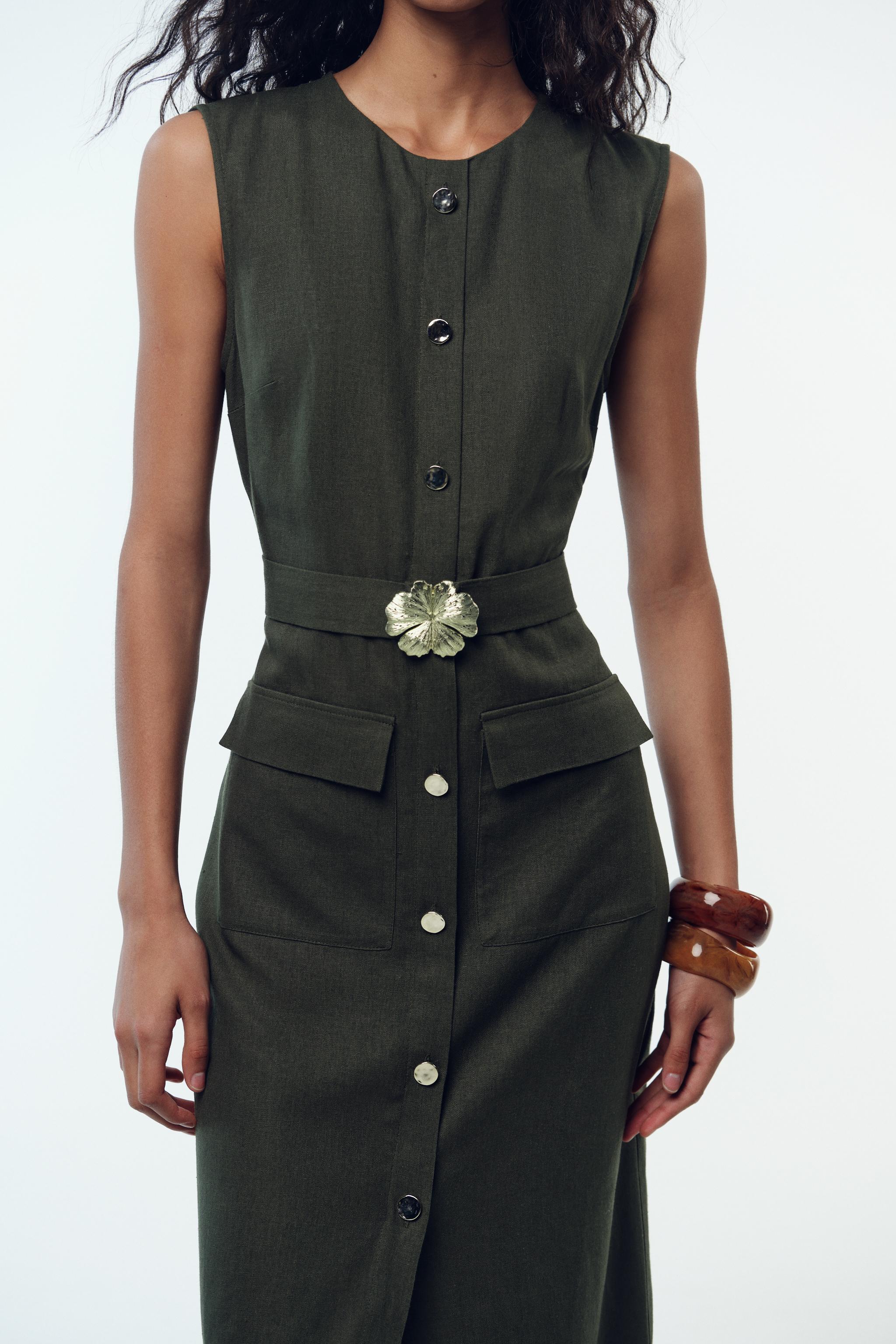ZARA【NEW】LINEN BLEND MIDI DRESS WITH BELT BELTED LINEN MIDI DRESS - Light beige | ZARA Canada