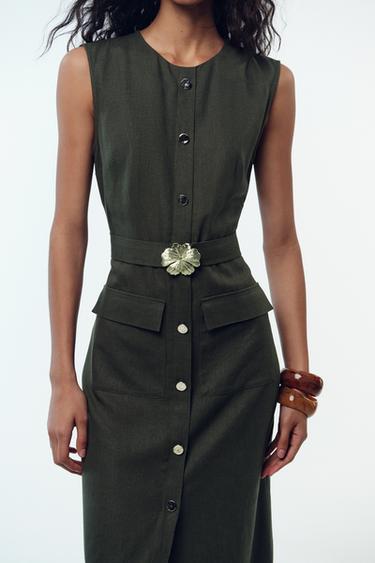 ROBE MIDI CEINTURE AVEC LIN - Kaki foncé de Zara - Image 3