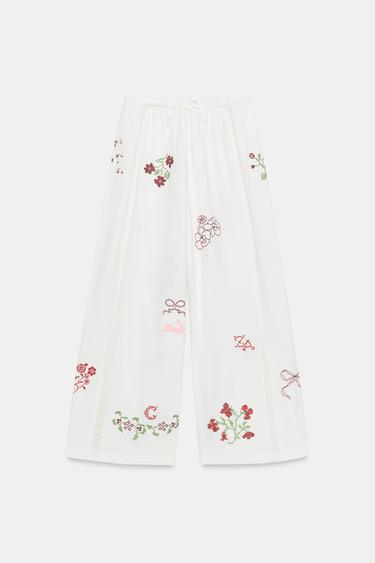 Zara EMBROIDERED LONG PANTS - White