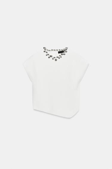 TOP EN MAILLE À BOULES AU COL - Blanc de Zara - Image 5