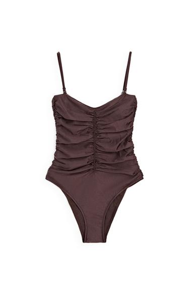 Shimmery gathered swimsuit — Brown 1
