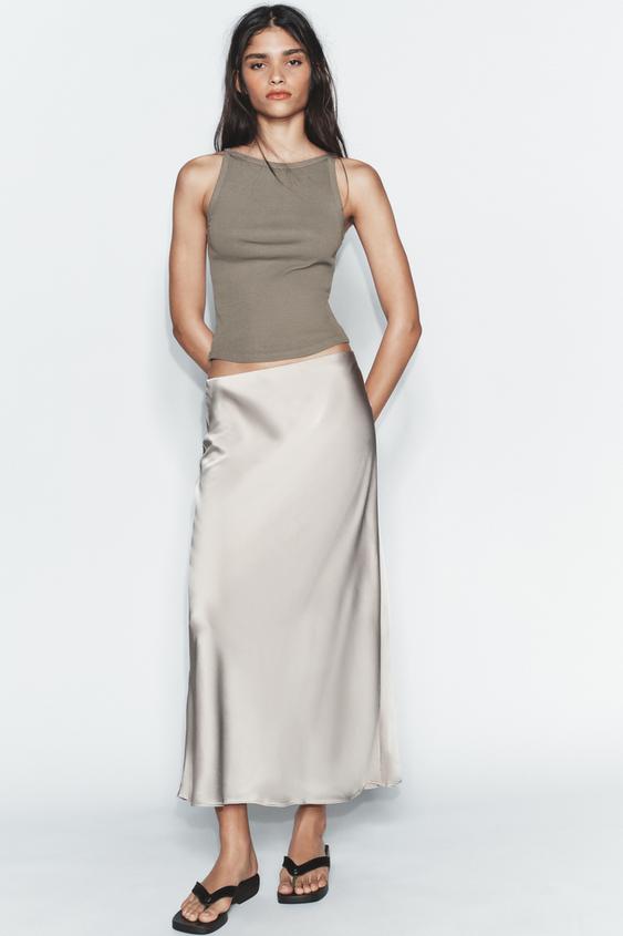 SATIN EFFECT MIDI SKIRT
