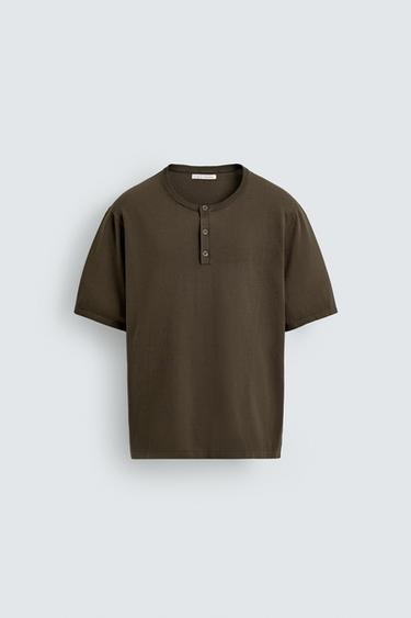 Zara KNIT HENLEY SHIRT - Khaki