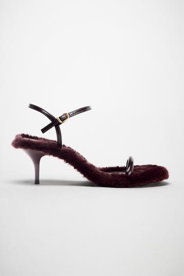 Zara FAUX FUR SOLE HEELED SANDALS - Burgundy Red