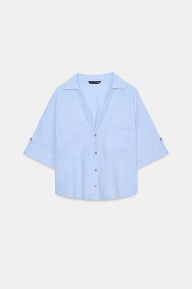 Zara SHORT SLEEVE LINEN BLEND SHIRT - Sky blue