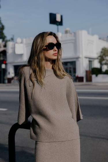 Zara LAPEL COLLAR KNIT JUMPER - Sand / Marl