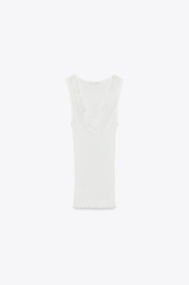 T-SHIRT CÔTELÉ DENTELLE - Blanc cassé de Zara - Image 3