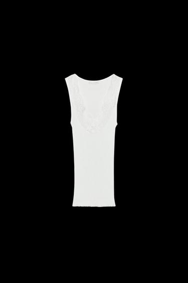 LACE RIBBED T-SHIRT - Oyster-white by Zara
