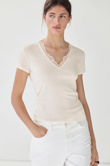 Lace-detail V-neck T-shirt — Ecru 1