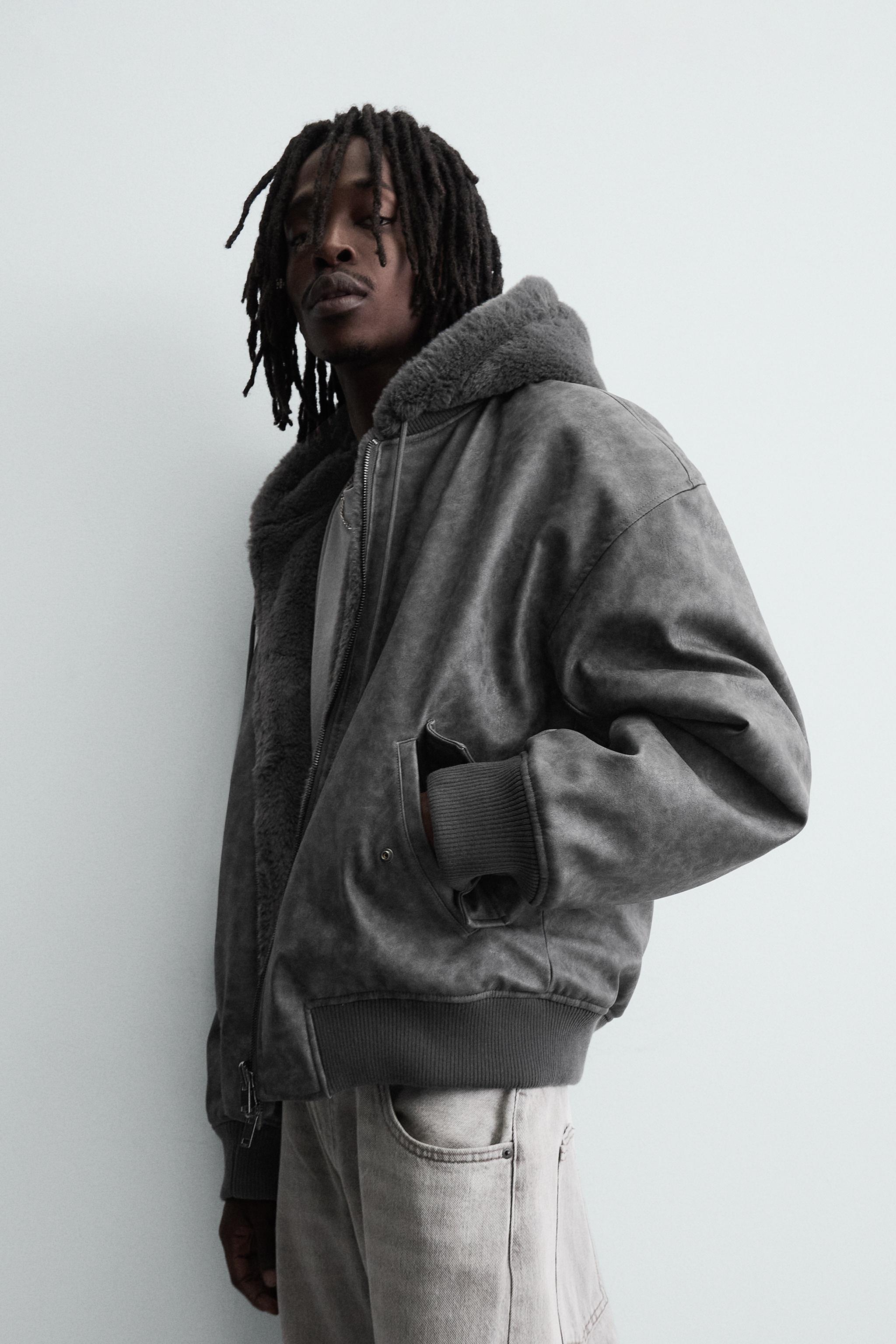 リバーシブルフェイクレザーボンバージャケット - チャコールグレー