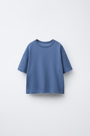CAMISETA EFEECTO LAVADO CON ALGODÓN Y LINO - Azul lavado de Zara