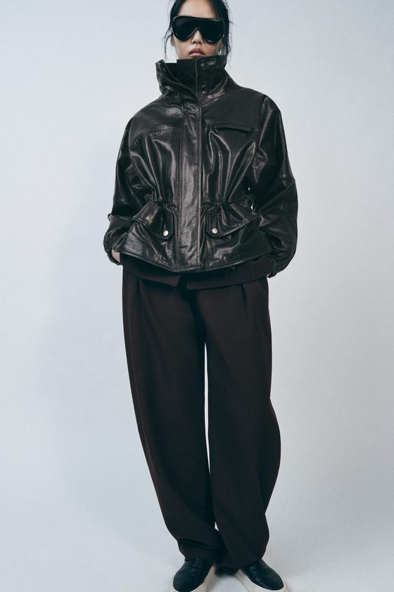 Bomber Jacket Cazadora Piel Negra Zara Chaqueta Bomber Efecto Piel