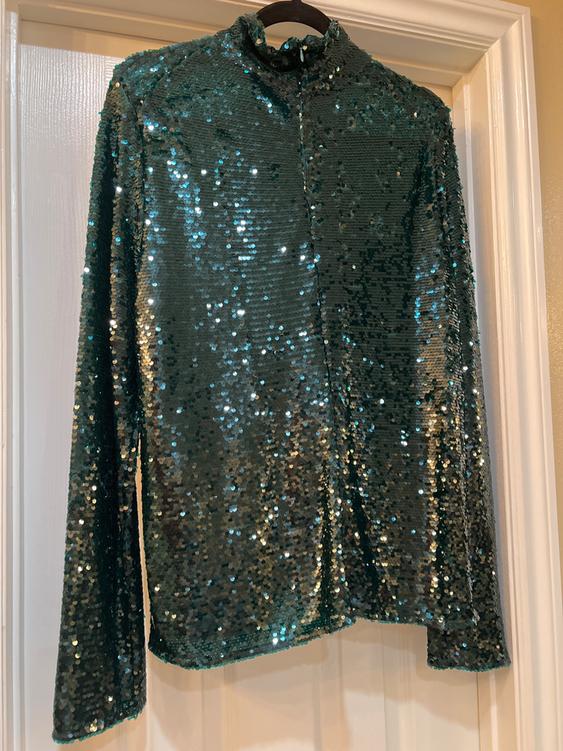 Green sequin blouse with a high neck and long sleeves, hanging on a hanger over a white door.