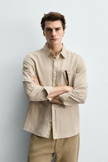 REGULAR FIT LINEN - COTTON SHIRT - Light beige by Zara