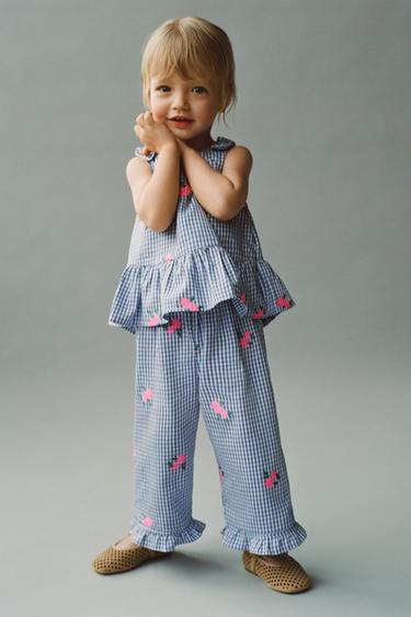 GINGHAM CHECK AND EMBROIDERED FLORAL CULOTTES - Blue by Zara