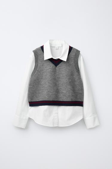 CHEMISE COMBINÉE GILET EN MAILLE VARSITY - Gris de Zara