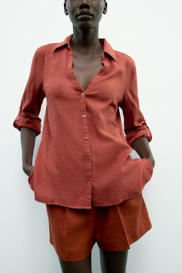 Zara ROLLED SLEEVE LINEN BLEND SHIRT - Brick