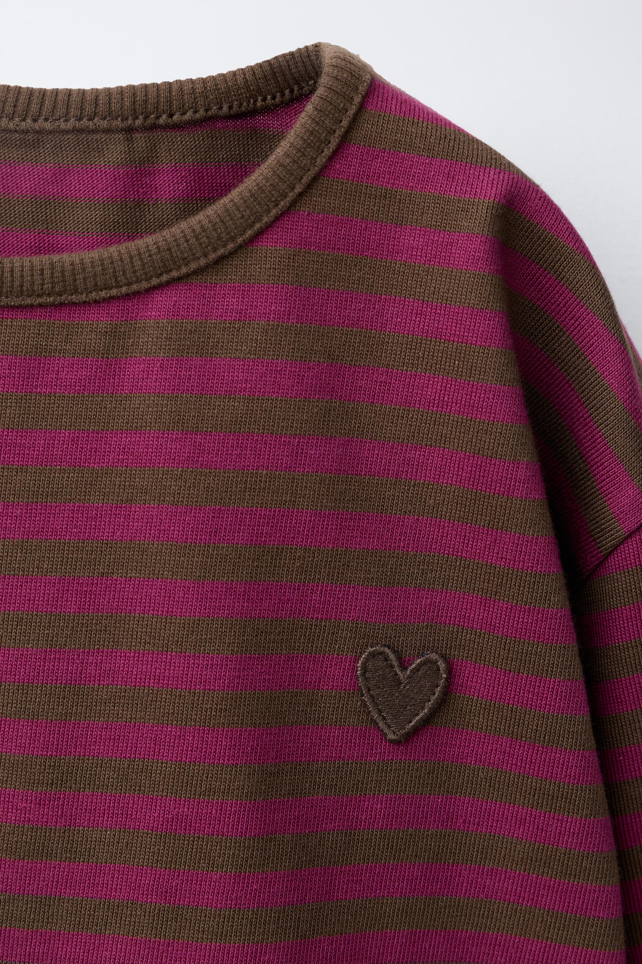 WOVEN STRIPE EMBROIDERED HEART T-SHIRT - Brown Stripes | ZARA