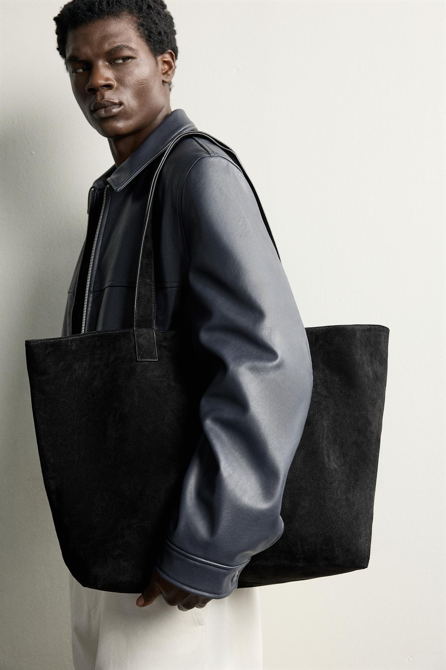 Мужская сумка Zara Leather Shopper Tote, цвет: Чёрный — фото 2