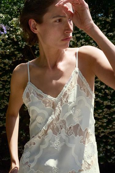 SATIN TOP WITH EMBROIDERED LACE - Greenish by Zara - Image 3