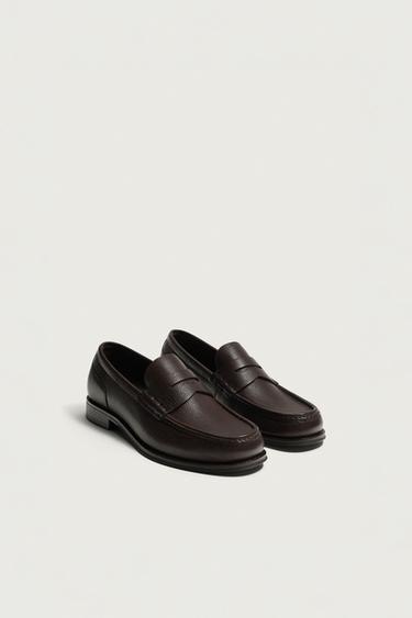 Zara LEATHER PENNY LOAFERS - Brown