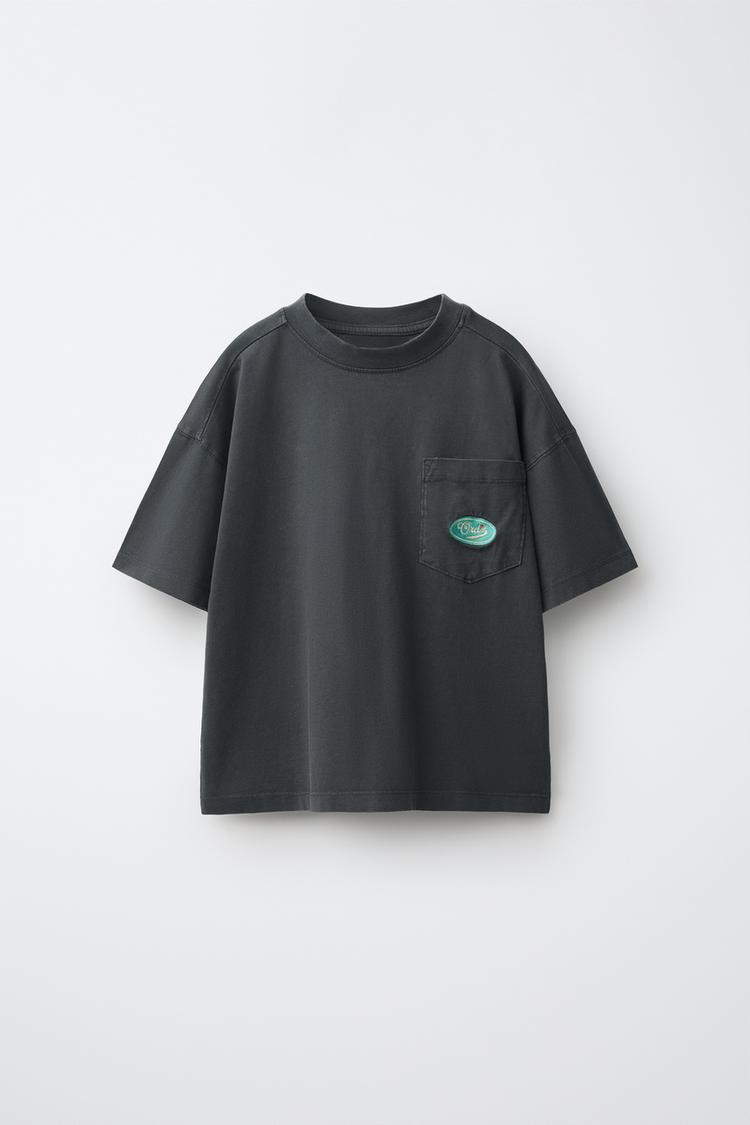 WASHED EFFECT EMBROIDERED LOGO POCKET T-SHIRT — Dark anthracite