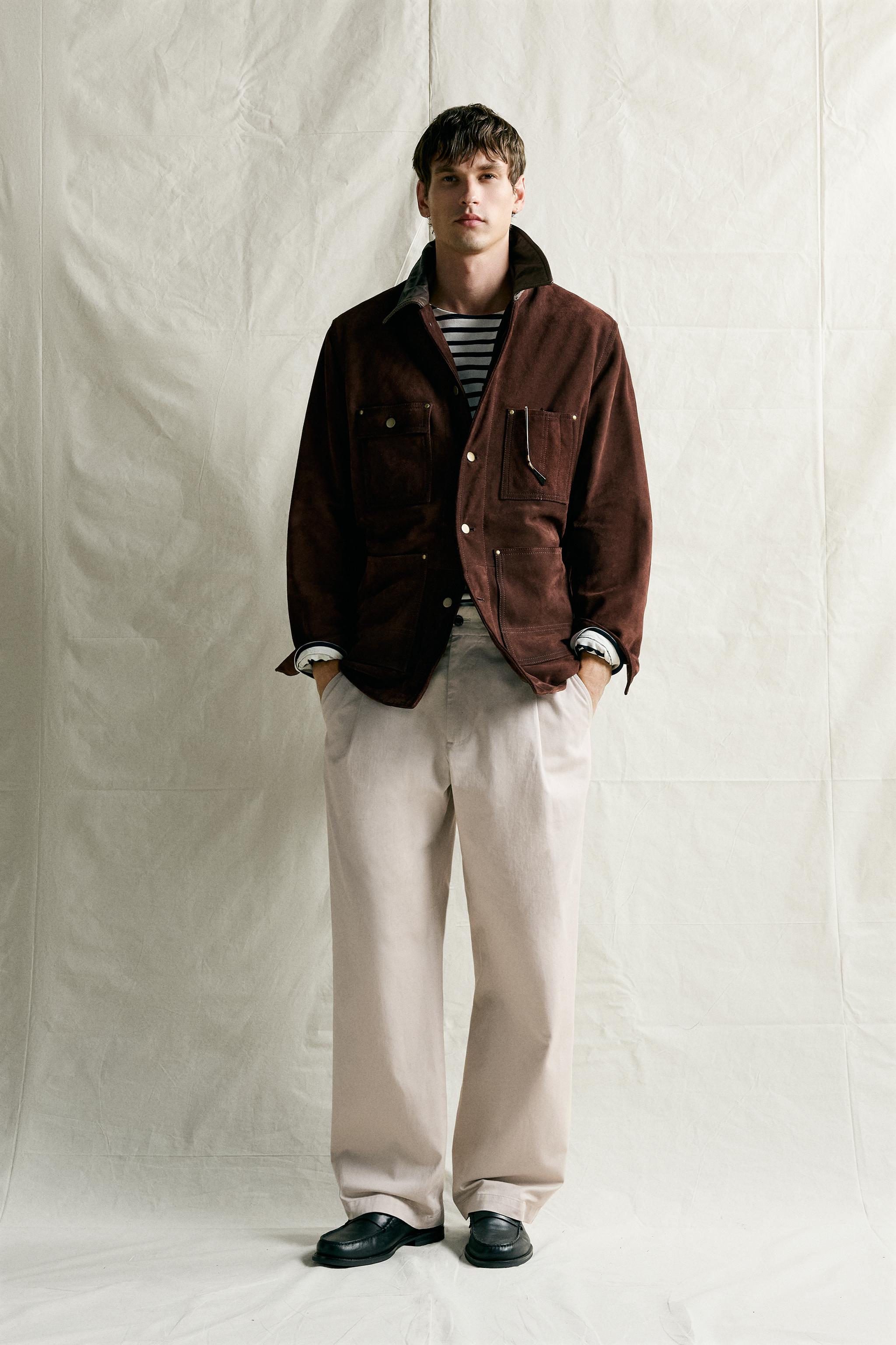 SUEDE LEATHER JACKET WITH CONTRAST COLLAR — Chocolate