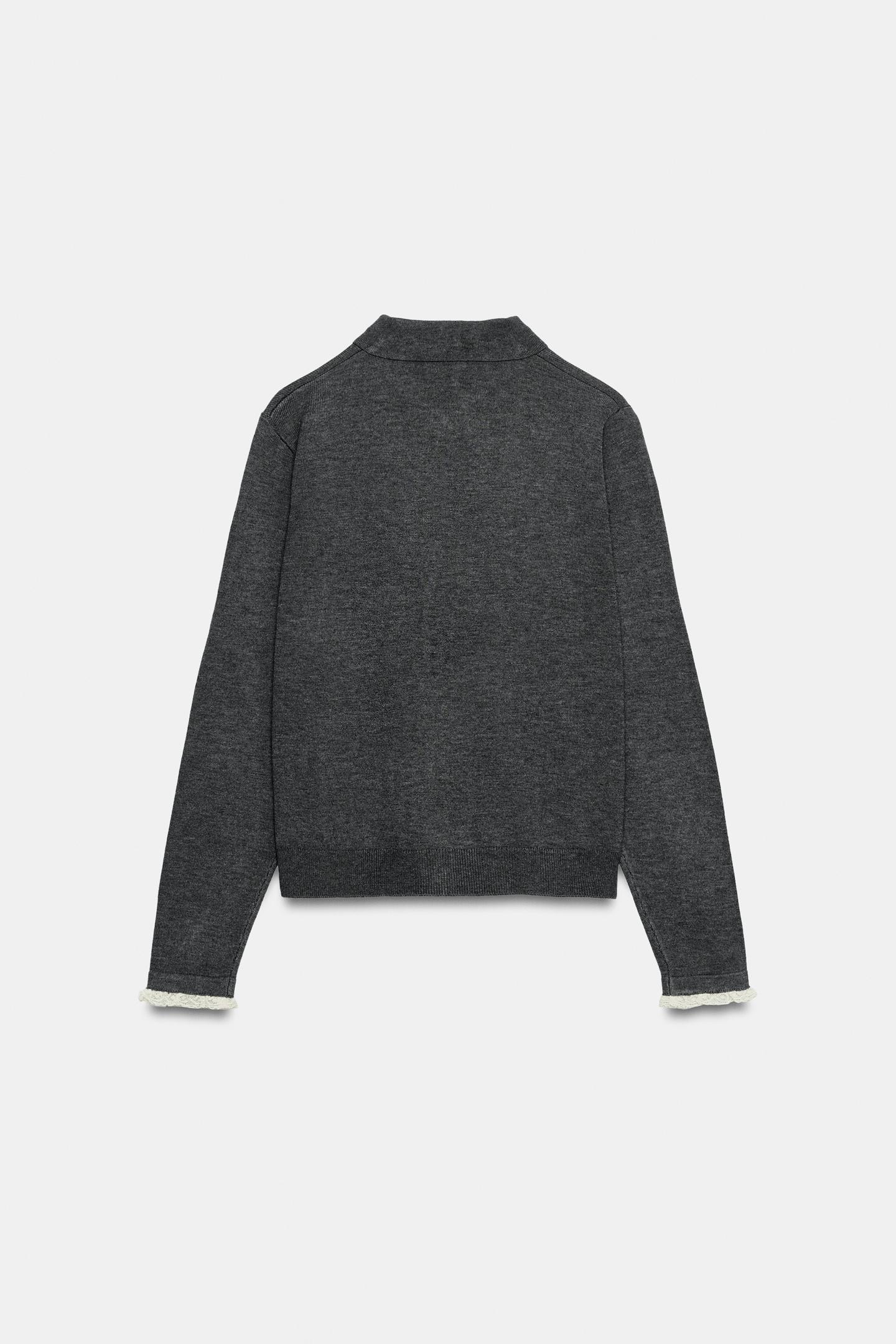Женский кардиган Zara Contrast Lace-Trim, цвет: Антрацитовый серый — фото 4