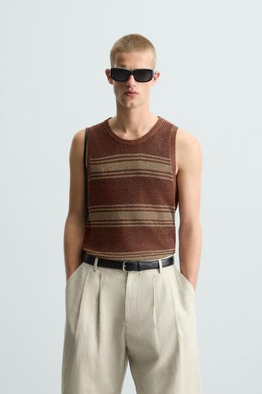 LINEN-VISCOSE KNIT TANK TOP - Brown by Zara