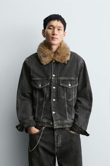 VESTE EN DENIM AVEC COL EFFET FOURRURE - Charbon de Zara - Image 1