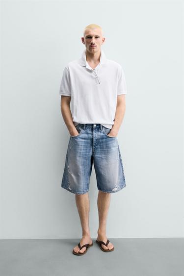 ЖЫРТЫҚТАРЫ БАР BAGGY ДЕНИМ БЕРМУДА ШАЛБАРЫ - Орташа көк Zara компаниясынан - Сурет 0