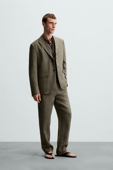 PANTALÓN TRAJE 100% LINO - Khaki oscuro de Zara - Imagen 0