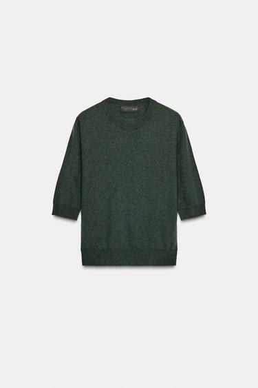 SHORT SLEEVE WOOL SWEATER - Bottle green by Zara