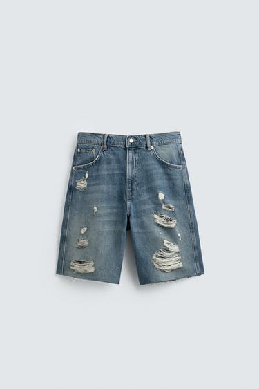 PANTALLONA TË SHKURTRA DENIM RELAXED FIT ME GRISJE - E kaltër e mesme nga Zara