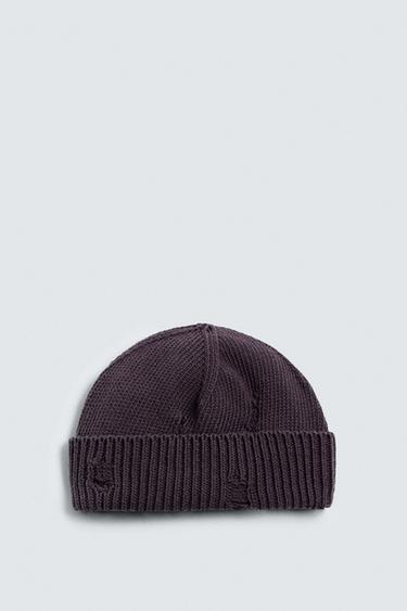 Zara RIPPED EFFECT KNIT HAT - Blue