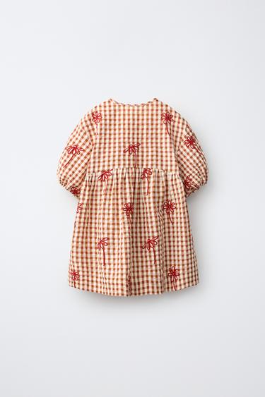 PLAID EMBROIDERED FLORAL DRESS — Brick 2