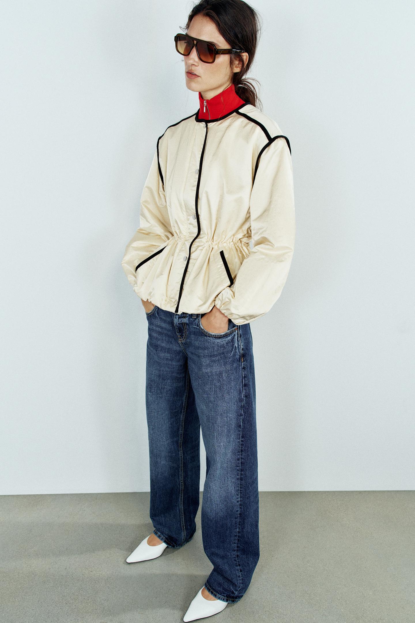 Женская куртка Zara Satin Jacket with Contrast Piping, цвет: Экрю — фото 1