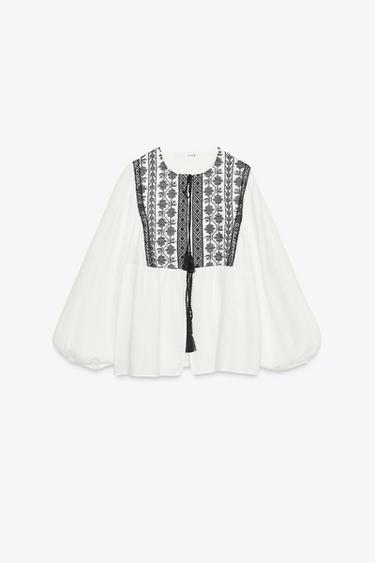 CONTRAST EMBROIDERY SHIRT - Black / White by Zara