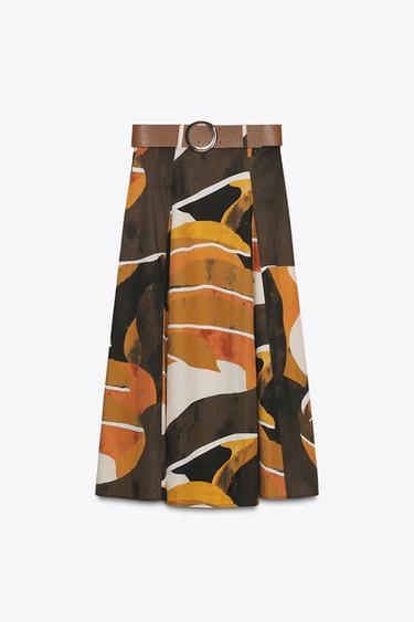 Zara PRINTED POPLIN BELTED SKIRT - Multicolored